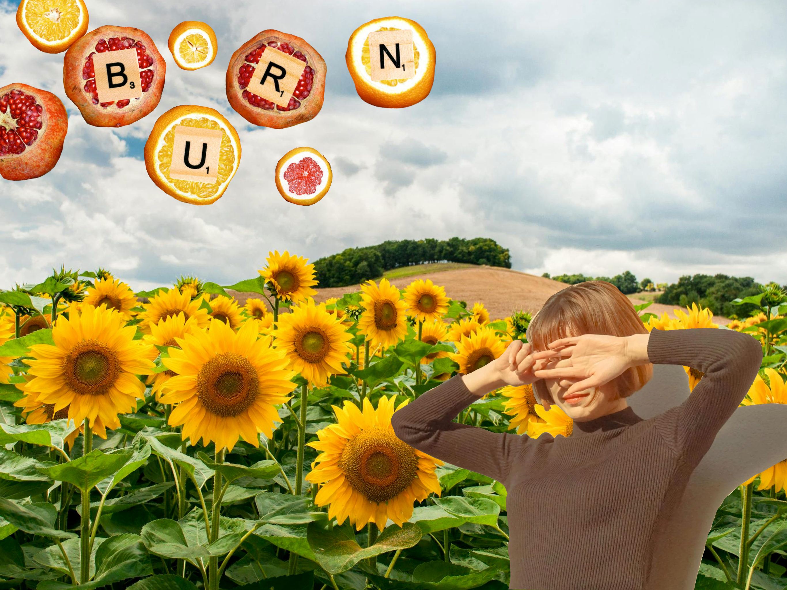 Collage with pomegranates and word blocks that spell burn and a person covering their face with sunflowers in the background